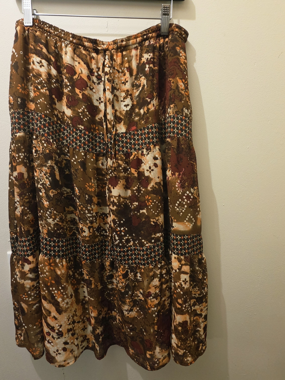 Boho Tiered Drawstring Flowy Stretchy Maxi Skirt Brown Floral Print Size 16